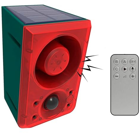 Solar Bewegungsmelder Alarmleuchte Außen,KINGCOO LED Sicherheitsalarm Warnung Blinklicht 130db Sirene Schussgeräuschen und Hundebellgeräusch Aufnahmefunktion für Bauernhof Villa Scheune Hof (Rot)