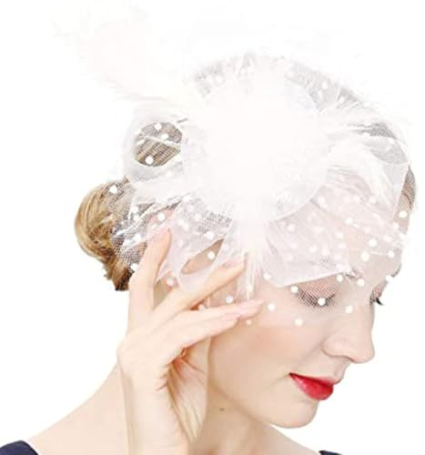 Jovono 20-tals blomfjäderpannband, spetslöja, fascinator, hatt, brud, cocktail, teparty, huvudbonad för kvinnor (vit)
