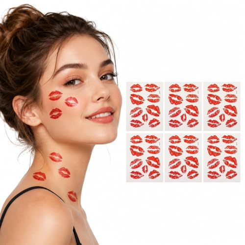 Rote Lippen Tattooaufkleber - Temporäre Lippensticker - 6er Pack Kuss- - Wasserfest Für Mädchen - Frauen Und Kinder - Ideale Dekoration Für Besondere Anlässe
