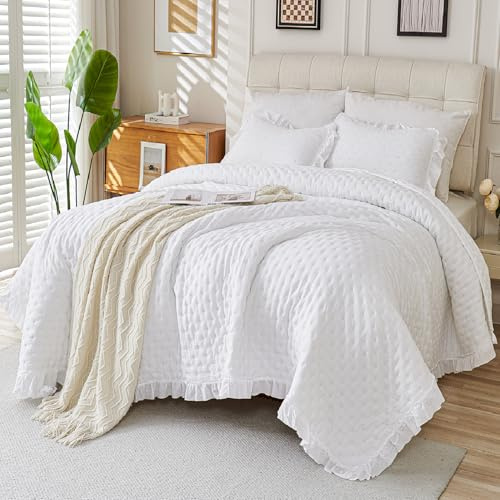 Cmfshape Light Blue Quilt Set Queen Size – Soft Lightweight Bedspread with Ruffle Edge, Breathable Summer Quilt Bedding for Bedroom & Guest Room, Durable & Easy Care