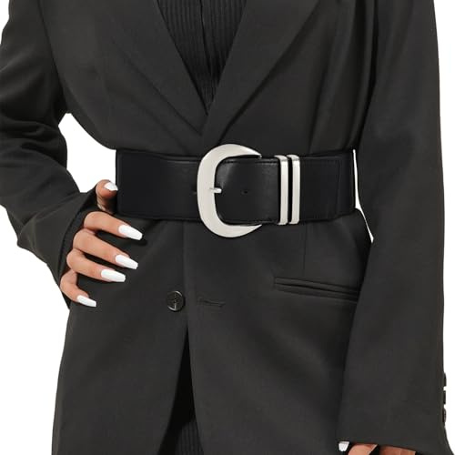 JasGood Damen Breiter Gürtel Elastischer Taillengürtel für Kleider Stretchy Gürtel Hüftgürtel Silberner Schnalle Gürtel für Damen,Schwarz,110cm