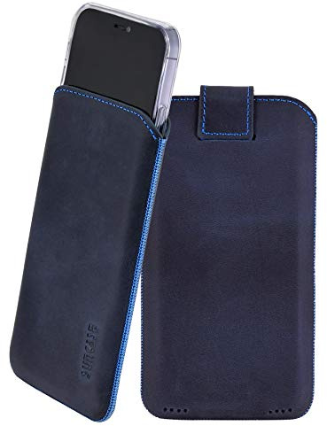 Suncase Etui Tasche kompatibel mit iPhone 16 Pro Max (6,9 Zoll) Hülle mit ZUSÄTZLICHER Case/Schale/Bumper Lasche mit Rückzugfunktion Handytasche Ledertasche Schutzhülle in Pebble-Blue