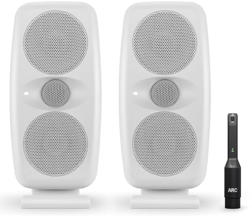 IK Multimedia iLoud MTM MKII White (Pair Plus ARC mic) Compact Studio Monitor with Built-in ARC Room Correction, Speaker Emulation, 100W Power