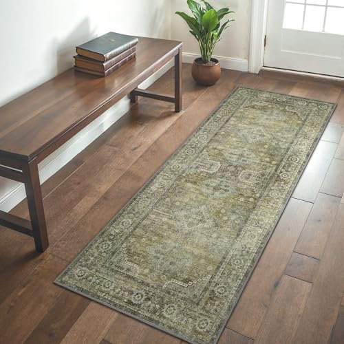 GENIMO Washable Vintage Rug Runner 80x150cm – Non-Slip Thin Carpet with Floral Print for Hallway, Living Room, Bedroom, Kitchen – Sage Green
