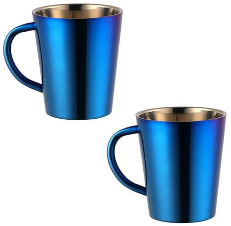 TEAHAHA Stainless Steel Coffee Mugs Set of 2, Double Walled Insulated Coffee Cups with Handles, 300ml Metal Milk Juice Mug,Dishwasher Safe (Blue)