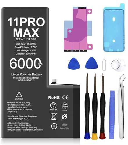 Batterie pour iPhone 11 Pro Max, 6000mAh Batterie de Remplacement Polymère Li-ION Haute Capacité COM avec 11Pro Max, Batterie Interne pour iPhone 11 ProMax avec Kit d'Outils de Remplacement