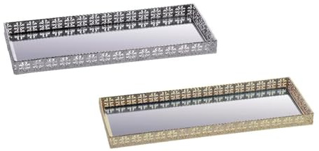 Vassoio Decorativo Casa in Metallo e Vetro Rettangolare Oro o Argento 40 x 16 cm 2 Colori