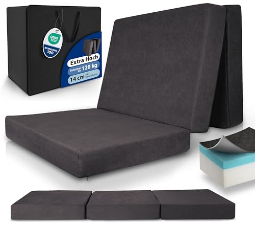 Beautissu Klappmatratze Visco-Matratze faltbar inkl. Tasche Schlafkomfort | 100x200cm Anthrazit extra dick klappbar waschbar hoher einfacher Transport Gästebett Gästematratze Faltmatratze Premium XL