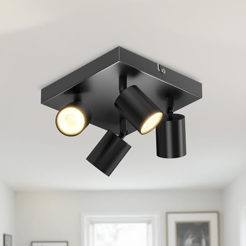 LVWIT Lámpara de Techo con 4 Focos Giratorios GU10, Lámpara de Pared Interior Negro Ajustable Base Cuadrado, Iluminación para Dormitorio Pasillo Cocina (Sin Bombillas)