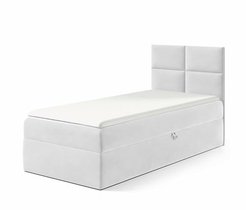 MEBLINI Kinderbett mit Bettkasten - Gepolstert Einzelbett mit Matratze - Polsterbett mit Stauraum - Bett mit Kopfteil - Stauraumbett - MINO 3-90x200 Rechts - H3/Hellgrau Samt