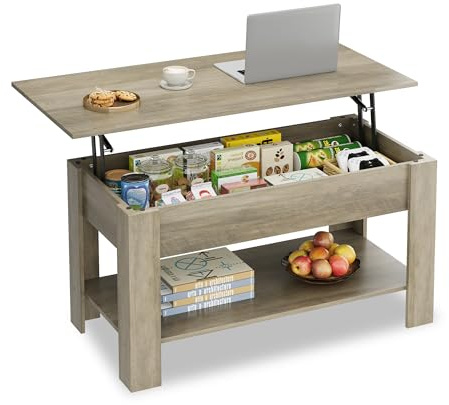 WLIVE Höhenverstellbarer Couchtisch mit Ablage, Wohnzimmertisch Rechteckig mit Offener und versteckter Stauraum, Kaffeetisch für Wohnzimmer, Schlafzimmer (Industriell, Grau Braun)