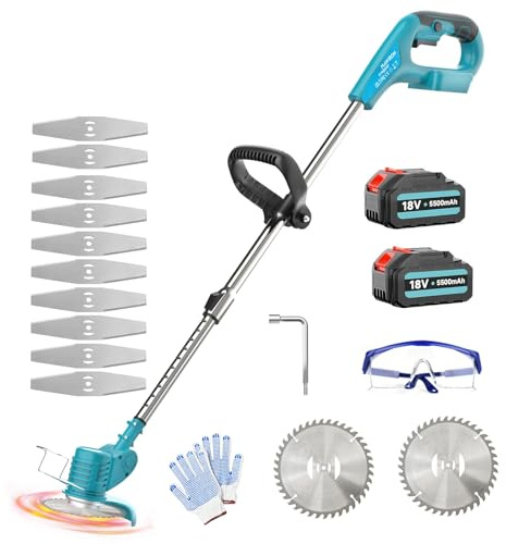 Akku Rasentrimmer für Makita 18V 2X 5.5AH Akku,mit 10X Metallklinge und 2X Kreissägeblätter, 90° drehbarer,Verstellbarer Teleskop-Führungsholm, für Rasenschneiden Rasenpflege Auffahrt und Garten