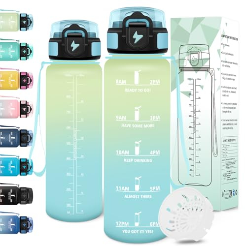 Motswedi Gourde 1l, Anti-Fuite, Gourde Sport, avec Marqueur de Temps, Bouteille d'eau, Réutilisable, Bouteille, Sans BPA, pour Sport, Yoga, Fitness, Randonnée, Blanc Cassé Bleu Clair