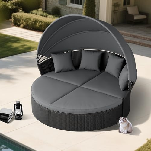 SUNCROWN Outdoor Patio Round Daybed with Retractable Canopy, Wicker Furniture Clamshell Sectional Seating with Washable Cushions, Backyard,Porch,Poolside,Deck, Black