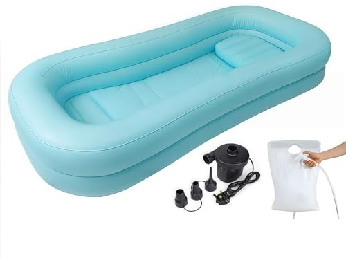 SAYEYBU Medizinische Aufblasbare Badewanne, PVC Badewanne Duschset mit Wassersack Tragbare Badewanne für äLtere, Behinderte Oder Verletzte Patienten, die im Bett Baden,Blau,B