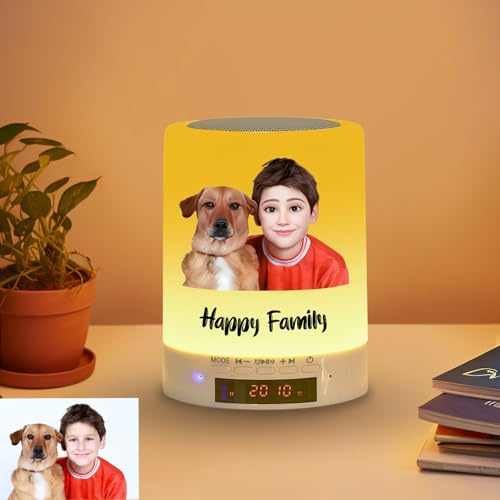 Altavoz Bluetooth con foto personalizada de dibujos animados,reloj y lámpara de mesilla,con luz nocturna táctil multicolor y puerto USB,ideal para dormitorio,oficina y camping al aire libre
