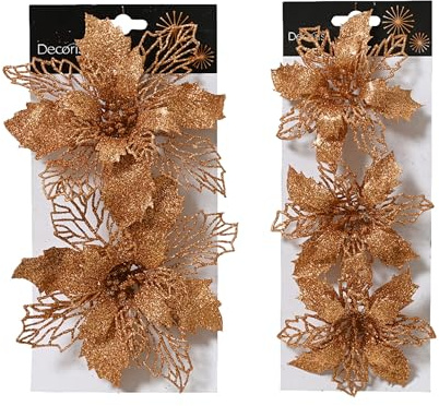 Kaemingk Weihnachtsstern Blüte künstlich 11 & 16cm mit Clip 5er Set - Glitzer Christbaumschmuck Kunstblumen Weihnachten - Christstern Deko Weihnachtsblume - Blume Weihnachtsdeko - Brandy