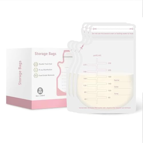 Bizcasa 50 Pezzi Sacchetti Latte Materno, Sacchetti Per Latte Materno da 250ml, Design a Prova di Perdite, sacchetti usa e getta per conservare il latte, Senza BPA (50 pcs×250 mL (Lotto di 1))