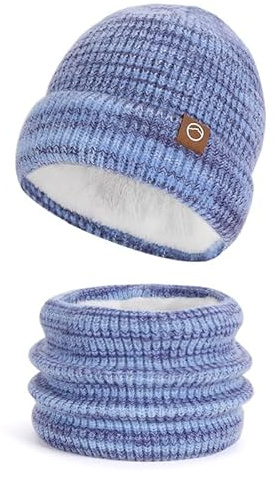 WANYI 2 Stück Damen Mütze Winter Strickmütze Beanie Schal Set Warme Wintermütze Mehrfarbig Mode Mütze mit Weichem Innenfutter(Blau)
