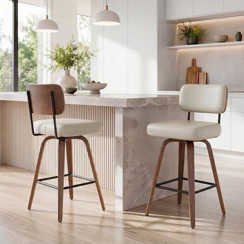 YUUIJOAA 360°Drehbarer Barhocker 2er Set, PU Barhocker 65cm Sitzhöhe mit Holzbeinen, Mid-Century-Design Bar hocker mit 4 Beinen und Lehne, Barstühle Küchenhocker für Küche und Bar,Graubeige