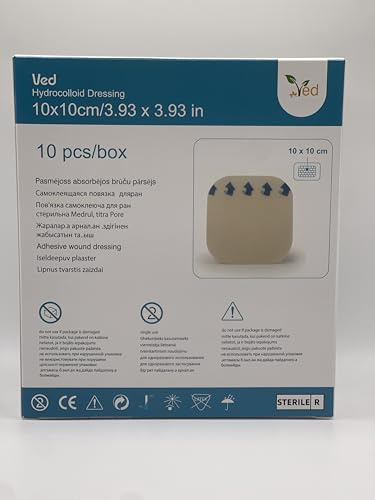 VED Hydrocolloid Dressing, Extra Thin Waterproof Adhesive Plasters, Breathable Bandages for Light Exudate, Skin Protection, Surface Wound Care, Faster Healing. (10 x 10 cm (10 Pack))