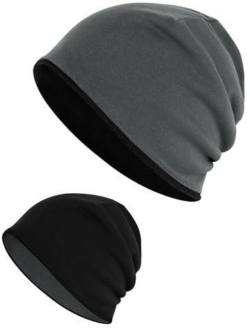 Kiiwah 2 in 1 Reversible Beanie Invierno para Hombre y Mujer, Unisex Gorros Slouchy Beanie Hat para Deportivo Moto Ciclismo Quimio (Negro + Gris)
