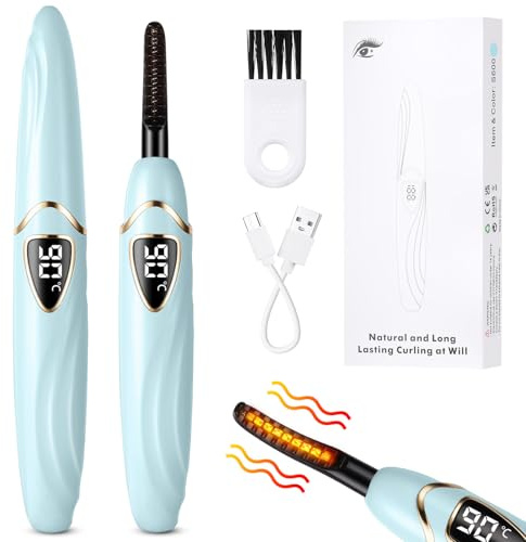 LOPHE Rizador de Pestañas Termico, Heated Eyelash Curler, Rizador Pestañas Calentado Portátil, Rizador de Pestañas Electrico, Cepillo de Pestañas Térmico Profesional con Pantalla LED (Azul Claro)