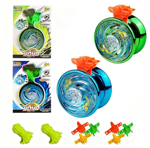 2 x leuchtende Jo-Jo aus Legierung für Anfänger – Jo-Jos für Tricks mit zusätzlichen Saiten – professioneller Ball mit nicht reagierenden Kugellagern (blau + grün)