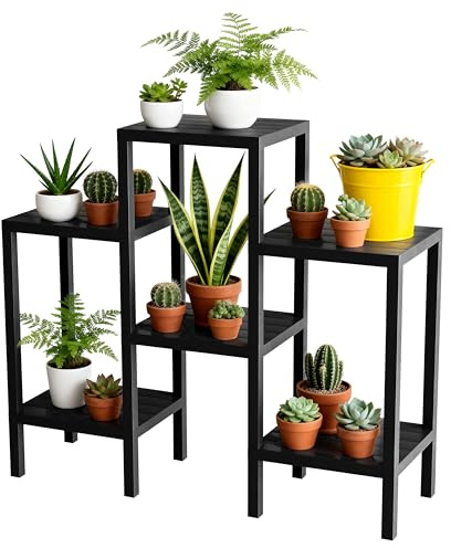 Ribelli 6-Etagen Blumenständer, Pflanzenständer, DIY Standregal, Mehrstöckig Blumenregal, Stapelbar Erweiterbar Pflanzenregal Indoor für Balkon, Deko Wohnzimmer, Garten, Terrasse und Büro, Schwarz