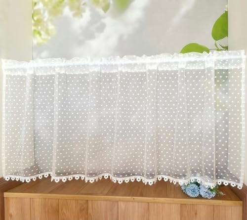 Jeeman Scheibengardine Retro Stickerei Punktenmuster Transparent Bistrogardine Spitzen gardine Fenster mit Lochmuster Volantrand Blumendekor Küchengardine Wohnzimmergardine Weiß HxB 40x120cm 1 Stück