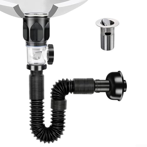 Kit de vidange d'évier à rabat avec siphon anti-odeur, tuyau de vidange flexible pour trous de 3,8 cm, bouchon pop-up en laiton pour cuisine et salle de bain (noir)