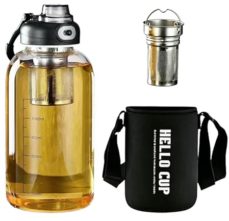 Trinkflasche Glas Flasche Mit Teesieb, Tragbarkeit Glasflasche Mit Schutzhülle Auslaufsicher, mit Skala auf Dem Flaschenkörper, 360°Auslaufsicher, die Beste Wahl für Teeliebhaber (1.5, Liter)