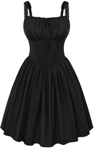 SCARLET DARKNESS Women's Summer Victorian Corset Mini Dress | Vintage Summer Party Sundress, Lace Spaghetti Strap, Square Neck, 3 Plastic Bones Corset, Hidden Side Zipper, Pockets