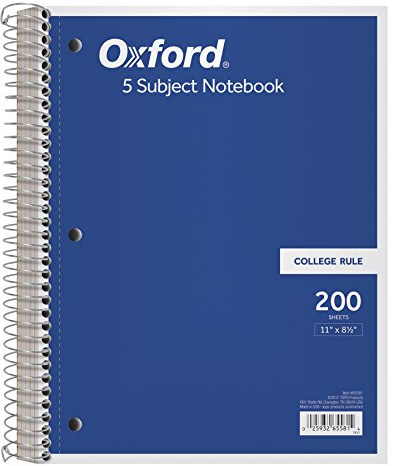 Oxford 5-Subject Notebook, 8-1/2 x 11, College Rule, 200 Sheets, 4 Dividers (65581)