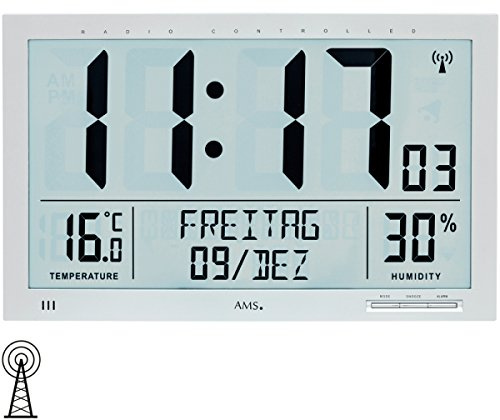 AMS 5888 Wanduhr Eckig Digital Silberfarben mit Funkwerk, Temperatur und Feuchtigkeit