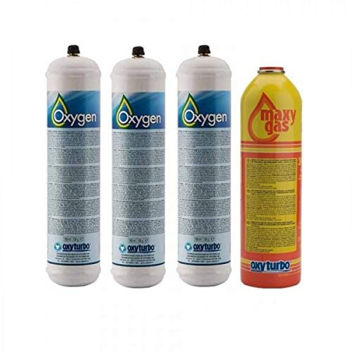 GASFRIGO® - 3 BOMBOLE OSSIGENO 930 ML. 110 BAR + 1 BOMBOLA MAXIGAS 350 GR. x SALDATURA TURBO SET 90-NON E' OSSIGENO MEDICALE