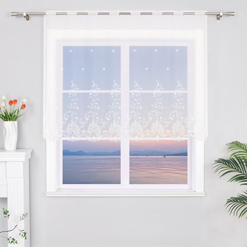 HeichkelL Scheibengardine Voile Kurzstore Hohl Stickerei Vorhang Durchstangenzug Gardine Küche Tür Korridor Gardine Creme 1 Stück HöhexBreite 120x150cm