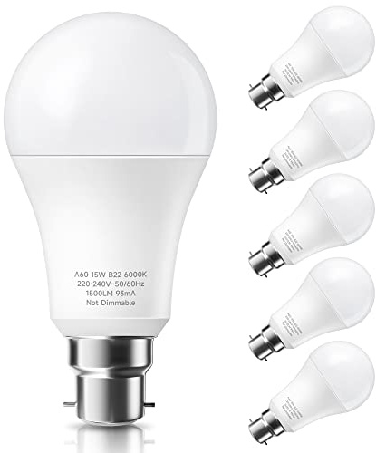 PURSNIC 15W B22 Bayonet Light Bulbs Equivalent to 150W Incandescent Bulb, Daylight White 6000K LED Bulbs, A60 GLS Frosted BC Bulbs, Super Bright 1500LM, Non-Dimmable 6 Pack