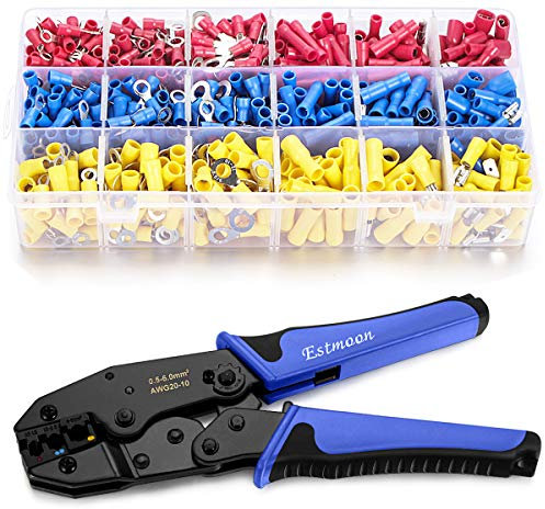 Estmoon Crimpzange Kabelschuhe Set, Kabelschuhzange mit 800 stück isolierten Kabelschuhen, Elektrische Steckverbinder Quetschverbinder Sortiment 0,5-6 mm² für isolierte Kabelschuhe (AWG 20-10)