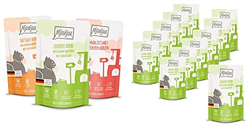 MjAMjAM - Premium Nassfutter für Katzen - Mixpaket 1 - Huhn, Rind, Herzen, 12er Pack (12 x 125 g), getreidefrei mit extra viel Fleisch & Premium Nassfutter für Katzen, 12er Pack (12 x 125 g)