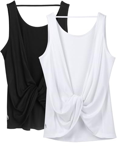 icyzone Damen Rückenfreies Sport Tank Top Ärmelloses Yoga Gym Oberteil | Sporttop mit Twist-Detail am Rücken, Weich und hautfreundlich, Regular fit, Crew Neck, Taillenlang