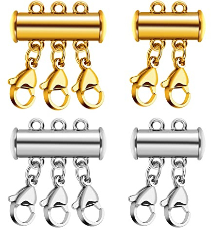 Prasacco 4 Stück Magnetischer Kettenverschluss, 2/3 Stränge Halskettentrenner Magnetische Verbinder Mehrsträngiger Extender für DIY Halsketten Armband Schmuckherstellung (Silber und Golden)