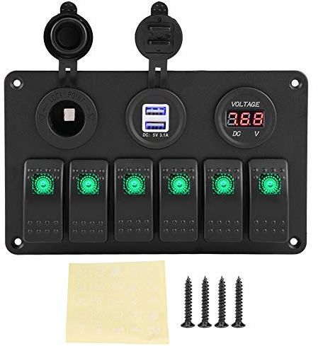 Schalttafel, 12V 24V 6 Gang Auto Boot Marine LED Wippschalter Panel Dual USB Voltmeter Zigarettenanzünder(Grün)