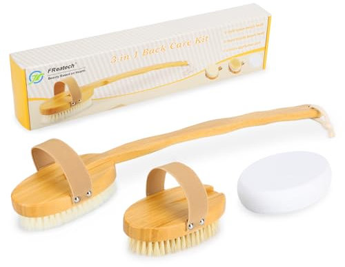 FREATECH Rückenbürste Duschbürste mit Abnehmbarem Langem Stiel und 3 Ersatzaufsätzen, Rückenschrubber Badebürste Körperbürste Trockenbürste Peelingbürste mit Harten und Weichen Borsten