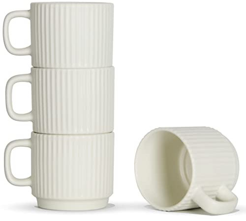 SHOWFULL Set di 4 tazze da caffè impilabili in ceramica per caffè espresso, 200 ml, per latte, cappuccino, cacao con manico, beige