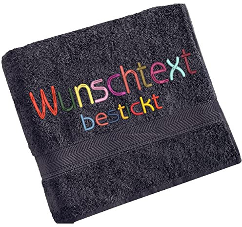 Handtuch Bestickt mit Namen oder Wunschtext, Handtuch Bestickt, Stickerei, individuelles Handtuch, 100% Baumwolle, 100 x 50 cm (Anthrazit)