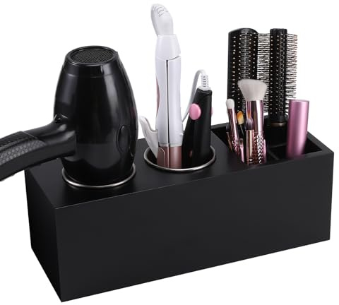 RAIKEDR Hair Dryer Countertop Holder, Hair Tool Organizer Wall Mount, Blow Dryer Holder Organizer, Bathroom Countertop Blow Dryer Holder and Curling Iron Holder (Cedar Wood, Black)