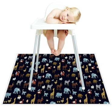 Treer Unterlage für Hochstuhl Baby, Karikatur Stil Hochstuhl Bodenmatte Wasserdicht Spritzmatte für Hochstuhl, 130x130cm Rutschfest Krabbelmatte Bodenschutzmatte (Karikatur Tier)