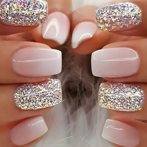 24 Stück Eckig Nägel Zum Aufkleben Kurz, Rosa Glänzend French Künstliche Nägel, Ballerina Natural Kunstnägel Press on Nails, Full Cover Square Fingernägel Fake Nails für Frauen und Mädchen