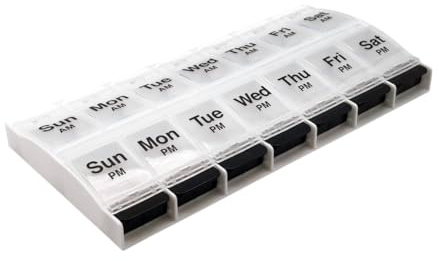 EZY DOSE Push Button (7-Day) Pill Case, Medicine Planner, Vitamin Organizer, 2 Times a Day, AM/PM Container, X-Large Compartments, Arthritis Friendly, Easy to Use, Clear Lids, Clear/Black, BPA Free